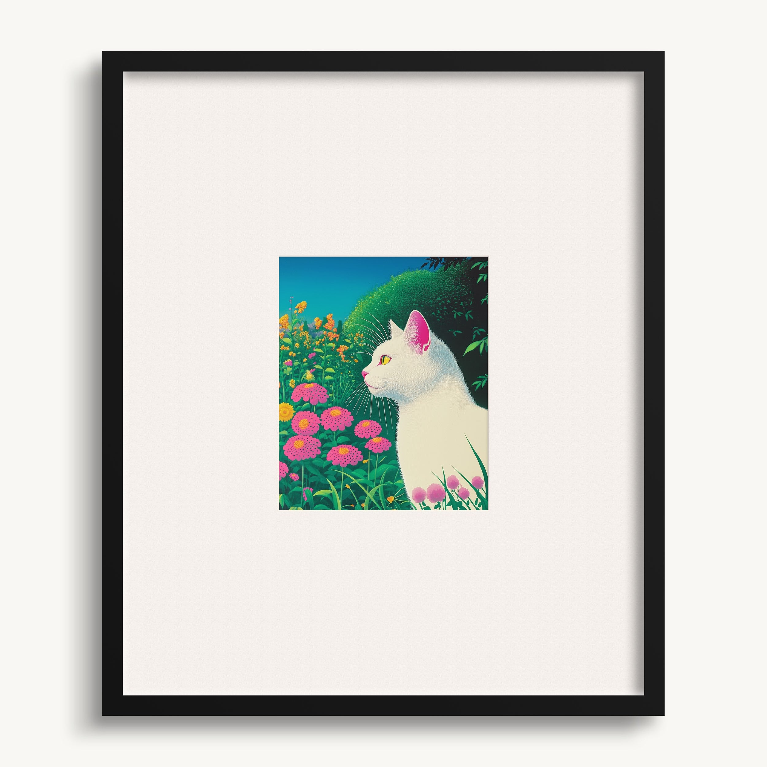 White Cat with Pink Flowers Wall Art