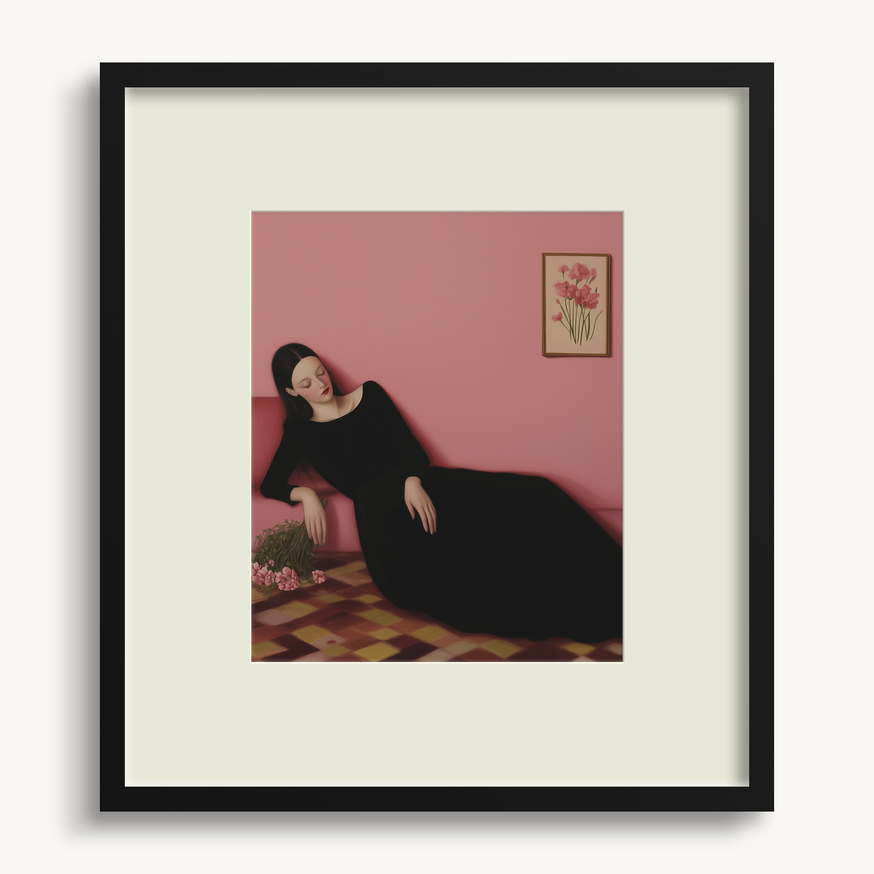 Lady on Checkered Floor with Pink Wall WALL ART