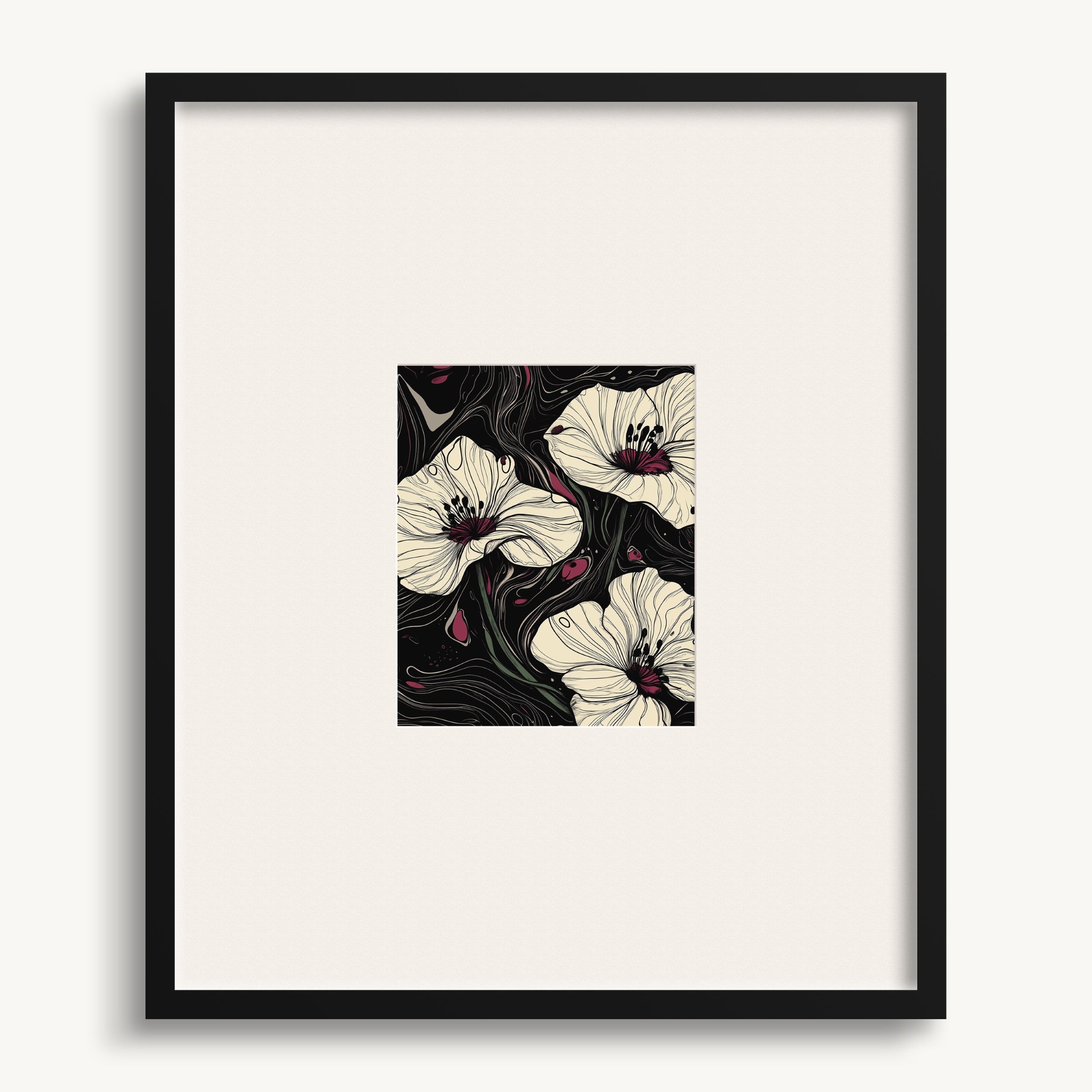 White Flowers with Dark Swirls WALL ART