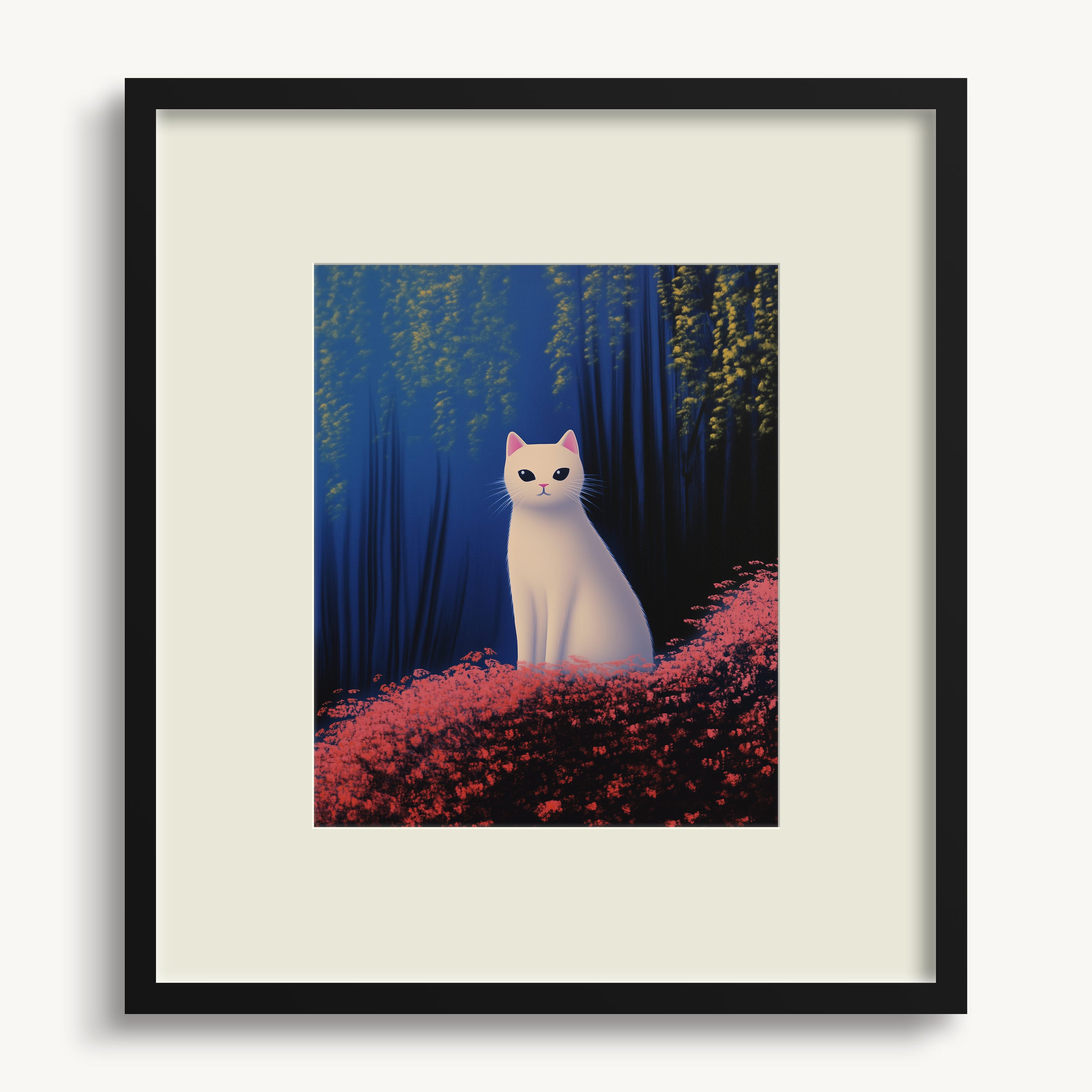 White Cat on Red Flowers WALL ART