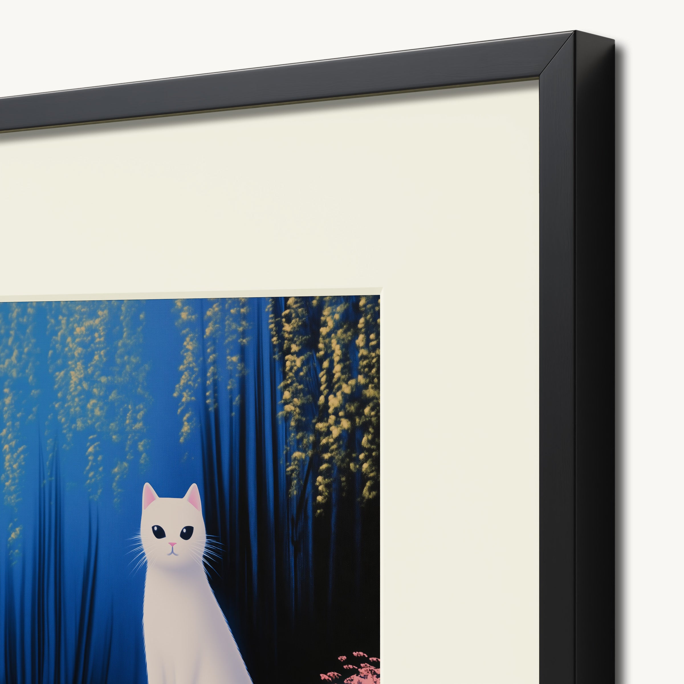 White Cat on Red Flowers WALL ART