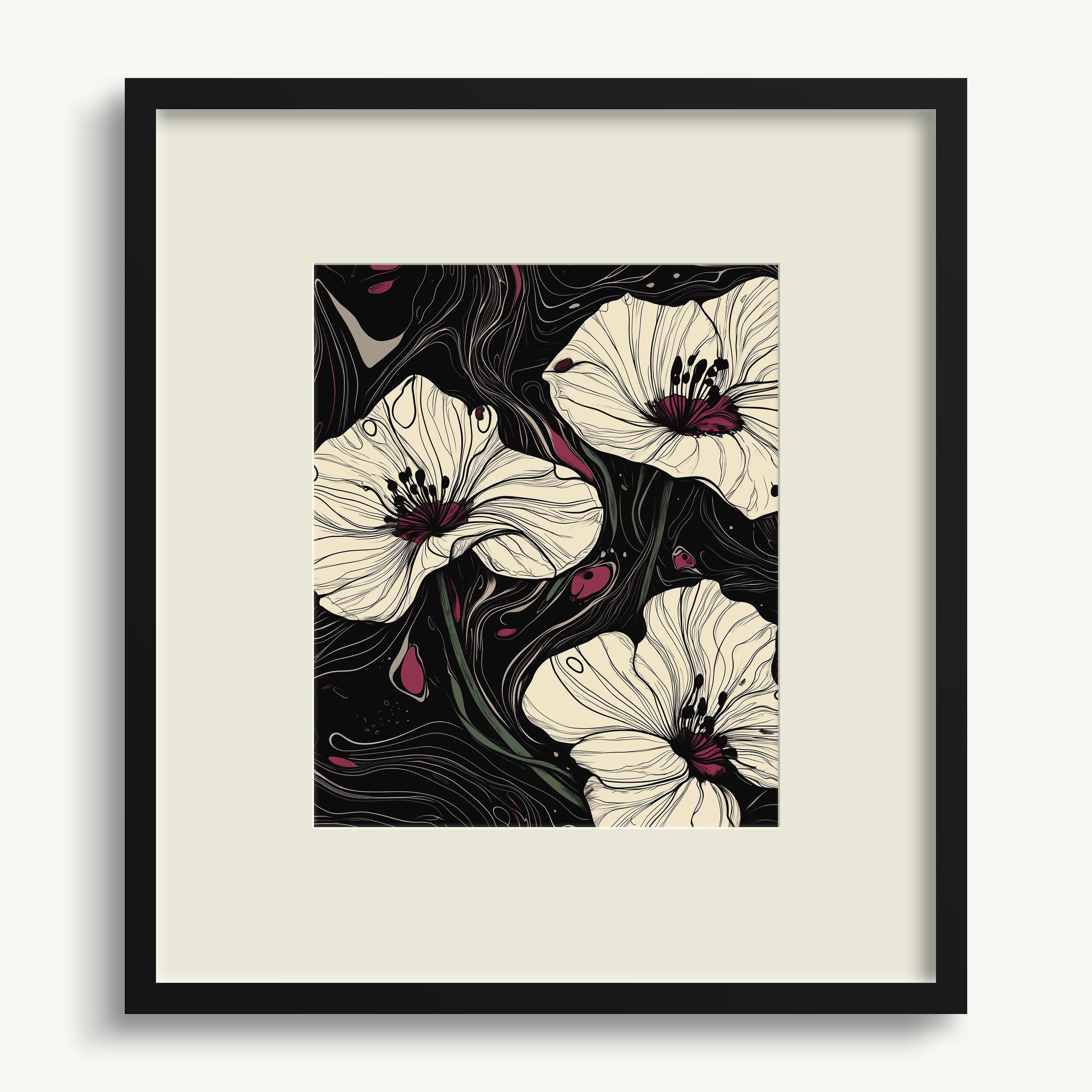 White Flowers with Dark Swirls WALL ART