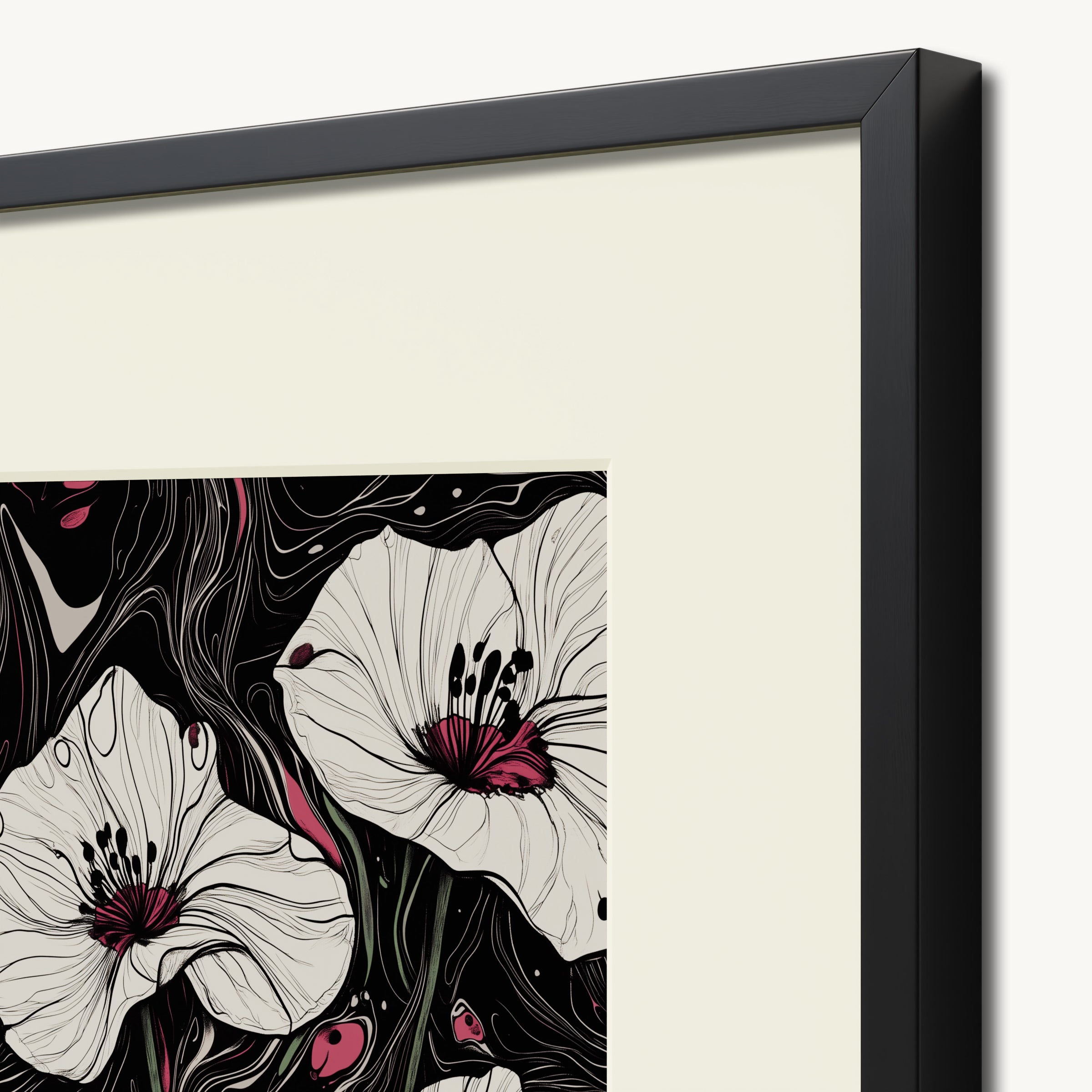 White Flowers with Dark Swirls WALL ART